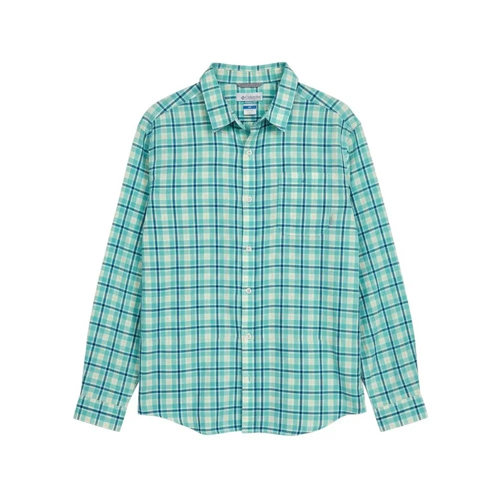 Columbia Mens Plaid Button Down Shirt XL Long Sleeve Teal Blue Cotton Casual